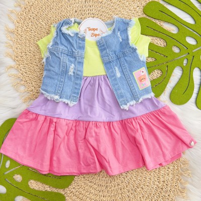  Vestido 3 Marias com Colete Jeans Sorvete - Verde e Lilás